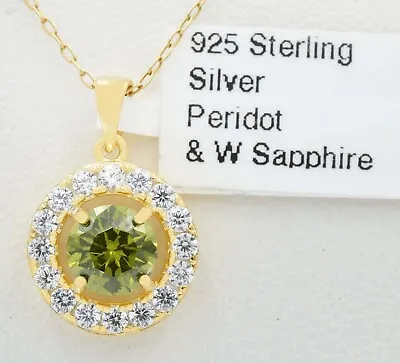 LAB CREATED 0.93 Cts PERIDOT & W/SAPPHIRE NECKLACE .925 SILVER (yellow Tone)-NWT • $0.99
