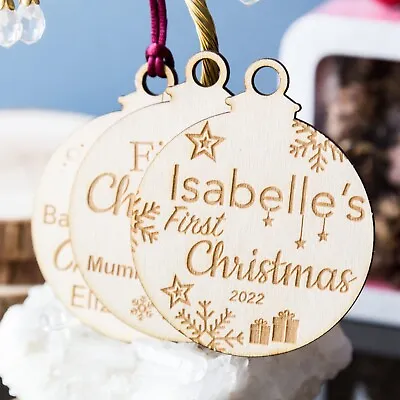 Babys First Christmas Personalised Bauble Wooden For Tree Hanging Shape Ornament • £3.99