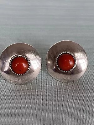 Vintage Native American Navajo Sterling Silver Coral Center Skewed On Earrings • $39.99