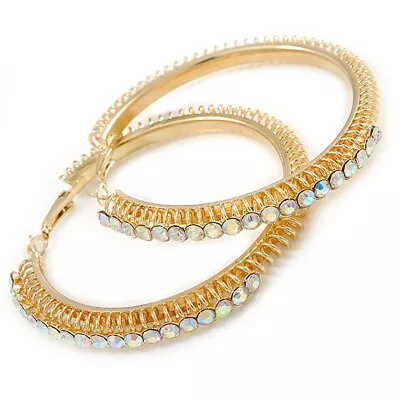 Gold Plated Wire With AB Crystal Hoop Earrings - 58mm D • £6.99