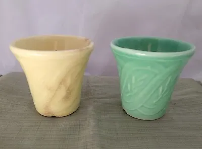 Flower Pot Planters Pottery Leaf Swirl Pair (2) Vintage USA Teal Yellow 3.25  • $19.37