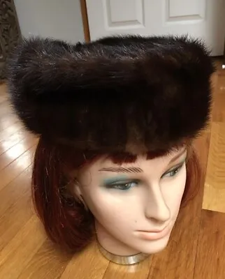 Vintage Brown Fur MINK Cap Hat Pillbox Gwen Pennington • $14.95