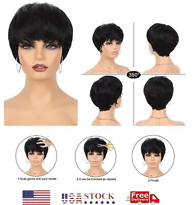 Short Black Wig Human Hair Women's Daily Use Of Heat-Resistant Wig Travel USA • $10.63