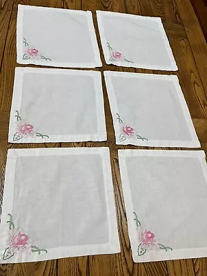 Six Vintage Handmade White Cotton Napkins Pink Flower Embroidery 12x12 • $12