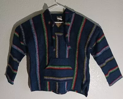 Mexican Drug Rug Poncho Baja Hoodie Colorful Blue Based Artilana Medium  • $8.49