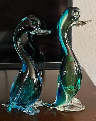 2 Pk Murano Italian Art Glass Duck Blue-Green Figurines 6  & 5.5  • $75