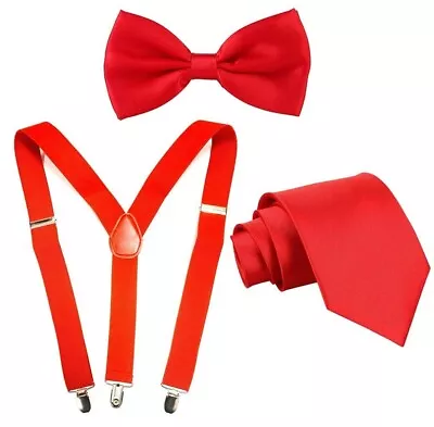 Red Bow Tie Suspender Braces Long Tie Pick & Choose Wedding Prom Unisex Party • £4.99