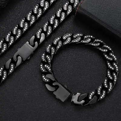 12mm Hip Hop Stainless Steel Cuban Link Chain Necklace Full Zircon Mens Jewelry • $152.71