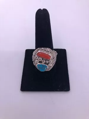 Size 10.5 Navajo Mens Silver Turquoise & Coral Ring Hallmarked 21.80g (i-7619) • $62.99
