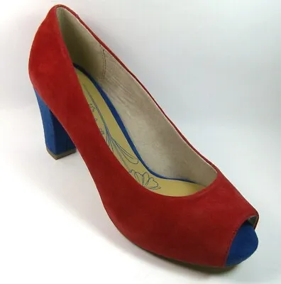 JANA Womens Ladies  Red/Blue Suede  Peep Toe Shoes Size UK 5.5  EU 38.5 • £19.99