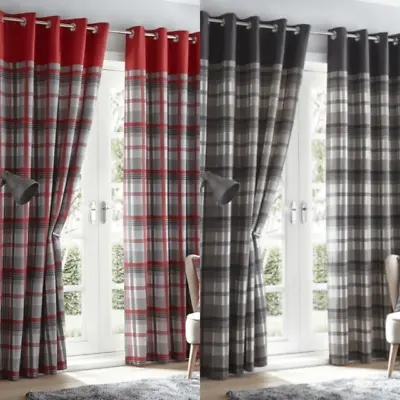 Charcoal Orleans Tartan Check Lined Ready Made Eyelet Ring Top Curtains Pair • £30.99