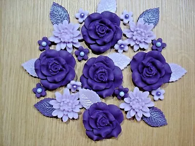 6 - PURPLE ROSE BOUQUET Edible Sugar Paste Flowers Cup Cake Decorations Toppers • £7.85