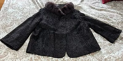 Vintage Womens Black Poodle Jacket Fur Mink Collar A Line Short Swing Small 21” • $29