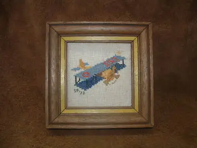 Old Vintage Hand Embroidered Biplane Airplane Picture With Frame 1973 Wedgefield • $15