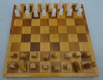 Vtg Hand Carved Mexican White & Beige Onyx Marble Chess Set W Wooden Board AS IS • $13.89