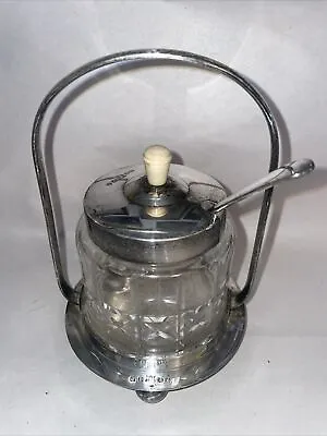 Vintage Mustard/Jam Glass Preserve Pot With Spoon With Silver Plated Lid & Stand • £8.29