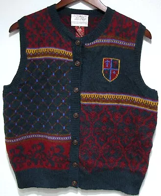 Vtg Susan Bristol COAT OF ARMS 80s Sweater Vest MED Pure Wool Knit Buttons 1989 • $21