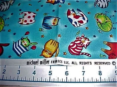 Fabric Cotton Michael Miller Tubby Cats Tossed #C-881 Aqua Background OOP • $8.95