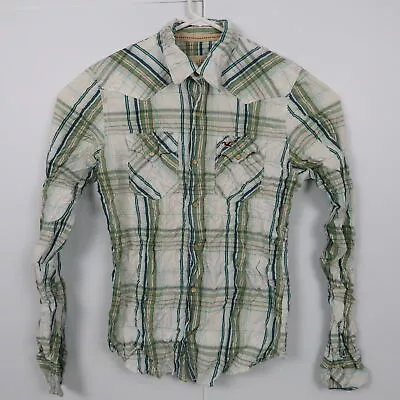 $29.97 • Buy Hollister Mens Shirt Size L White & Green Striped Pearl-Snap Western Cowboy