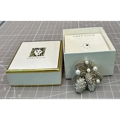 Vintage Anne Klein Winter Pine Cone Rhinestone Brooch W/ Faux Pearls In Box • $42