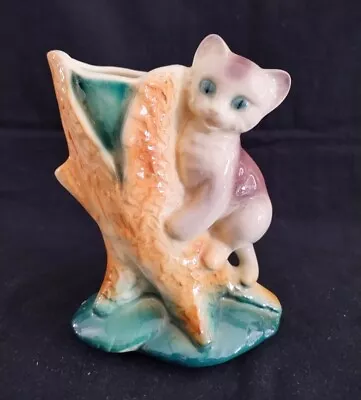 Vintage Royal Copley Kitten Climbing Tree Stump Planter Cat On Tree Vase • $19