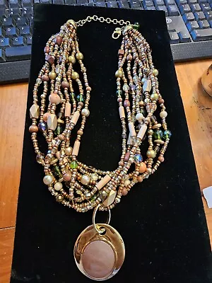 Joan Rivers Multi Strand Torsade Glass Bead Necklace Green Gold Tones & Pendant • $35