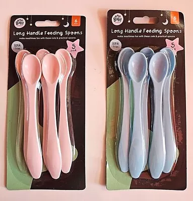 5 Long Handle Feeding Spoons BPA Free Weaning Extra Long Toddler Kids 6 Month+ • £3.25