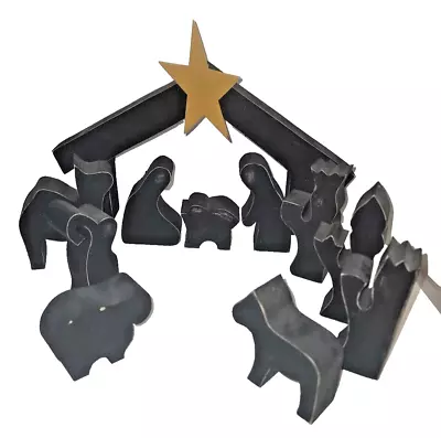 Handmade Black Wooden Nativity Set 11 Pc. Modern • $32.99