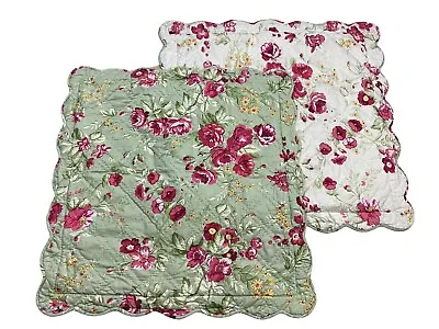 POTTERY BARN Set Of Two Cabbage ROSE EURO Quilted Shams Large Green Beige • $59.99