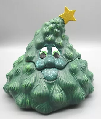 Vtg Ceramic Green CHRISTMAS TREE SPARKLY FACE & GOLD STAR Candy Dish Cookie Jar • $15.99