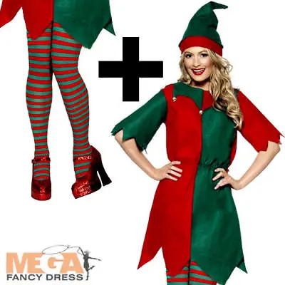 £13.99 • Buy Elf + Tights Ladies Fancy Dress Christmas Womens Santas Helper Adults Costume