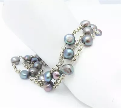 Sterling Silver Black Freshwater Pearl 3-Strand Bracelet 7-7.5   • $18.50