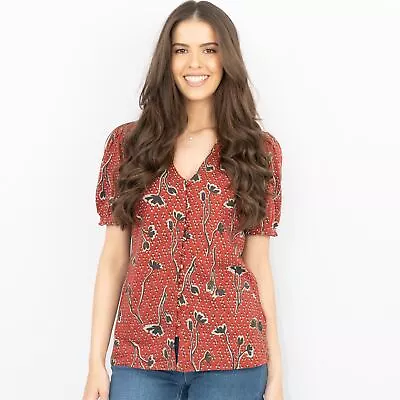 Fat Face Womens Red Floral Top Jersey Print Short Sleeve Relaxed Cotton Size 10 • £7.99