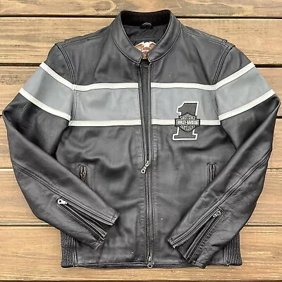 Harley Davidson Men VICTORY LANE Leather Jacket Gray Stripe #1 Racing S RARE • $150