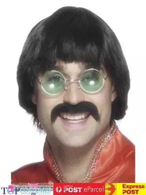 1970's Mersey Hair Wig & Tash Black Liverpool Bruce Lee Scouser Costume • $30.45