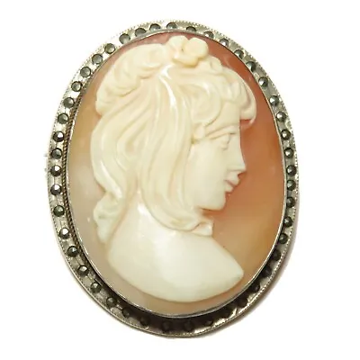 Cameo 800 Silver Shell Cameo Brooch Pendant Italian Hallmarks Marcasite Stones • $45