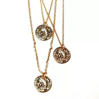 £8.99 • Buy Three Strand Grecian COIN PENDANT NECKLACE Lightweight Delicate Chain GOLD Tone