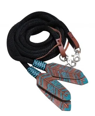 Showman 8' Round Braided Nylon Split Reins W/ Teal Painted Feather Poppers • $27.95