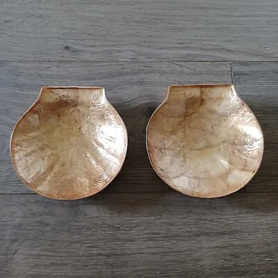 Vintage Set Of 2 Small Capiz Mother Of Pearl Scalloped Shallow Gold Shell Bowls • $14.95