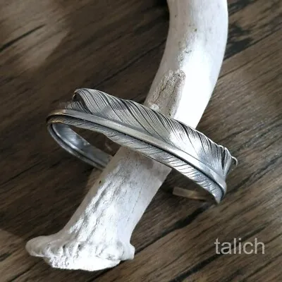 Solid 925 Sterling Silver Feather Cuff Bracelet Adjustable Unique Fine Details • $56