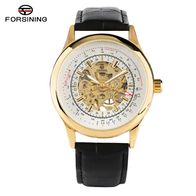 FORSINING Mens Mechanical Watch Windup Skeleton Dial Wristwatch Leather Band • $18.30