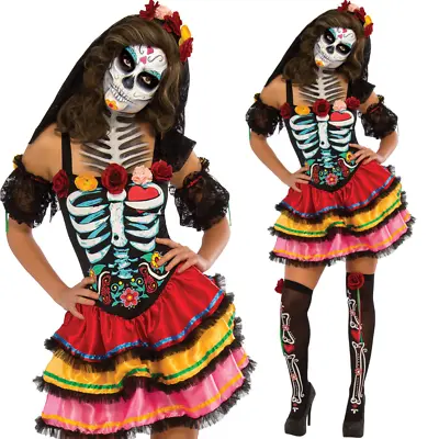 Day Of The Dead Senorita Doll Costume Halloween Womens Ladies Fancy Dress Outfit • £34.99