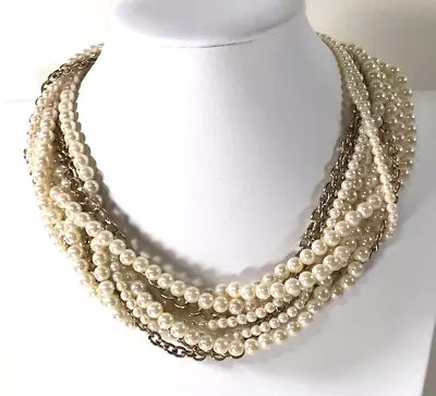 Multi Strand Gold Tone Chain Faux Pearl Beaded Statement Necklace Collar 19  • $3