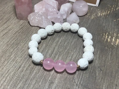 $16 • Buy Rose Quartz Diffuser Bracelet – White – 10mm Bracelet – 18cm Bracelet