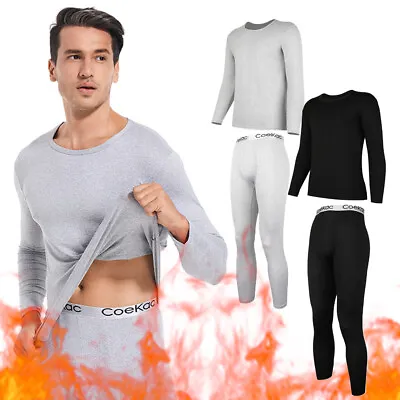 Men Thermal Underwear Set Long Johns With Fleece Lined Base Layer Top + Bottom • £13.99