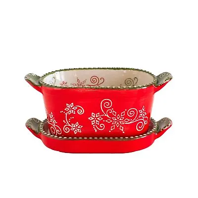 Temptations By Tara Red Floral Lace Bowl With Tray  Ramekin Baker Red No Lid • £11.39