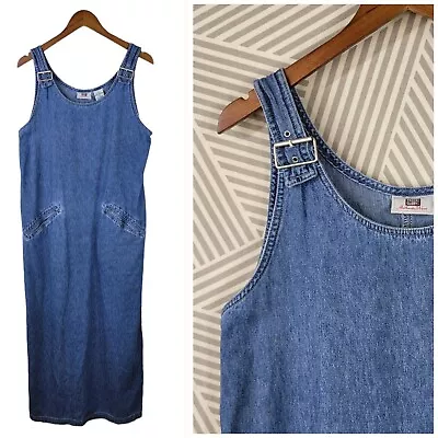 Vintage Overall Dress Size Large Blue Denim Jean Maxi Buckle Shoulder Modest • $28.04