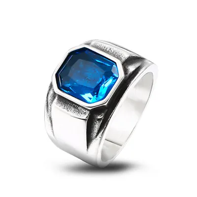 Blue Stone Inlay Square Wedding Ring Stainless Steel Men's Vintage Band Rings • $11.99