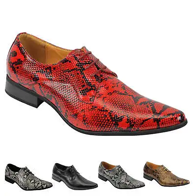 Mens Leather Lined Snake Skin Print Shiny Patent Leather Smart Party Retro Shoes • £34.99