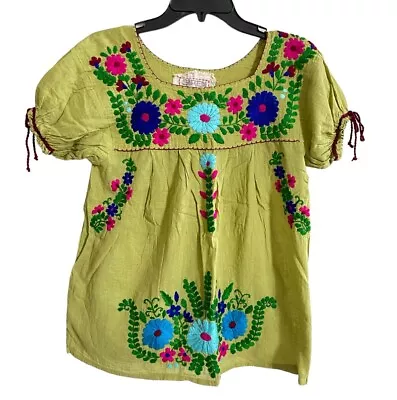 Siren Puff-Tie Short Sleeve Embroidered Mexican Style Peasant Top Moss Green M • $44.99